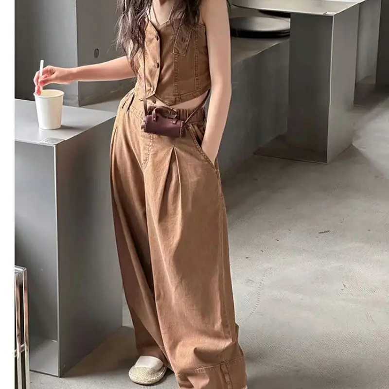 Childrens clothing girls denim summer suit teenagers vest loose straight leg pants two-piece set KoreanT250327