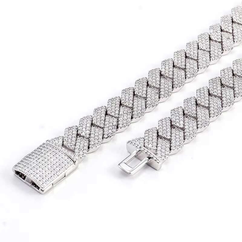 Wholesale Hip Hop Jewelry 3 Rows VVS Diamond S925 Sterling Silver Miami Cuban Chain Iced Out 15MM Moissanite Cuban Link Chain
