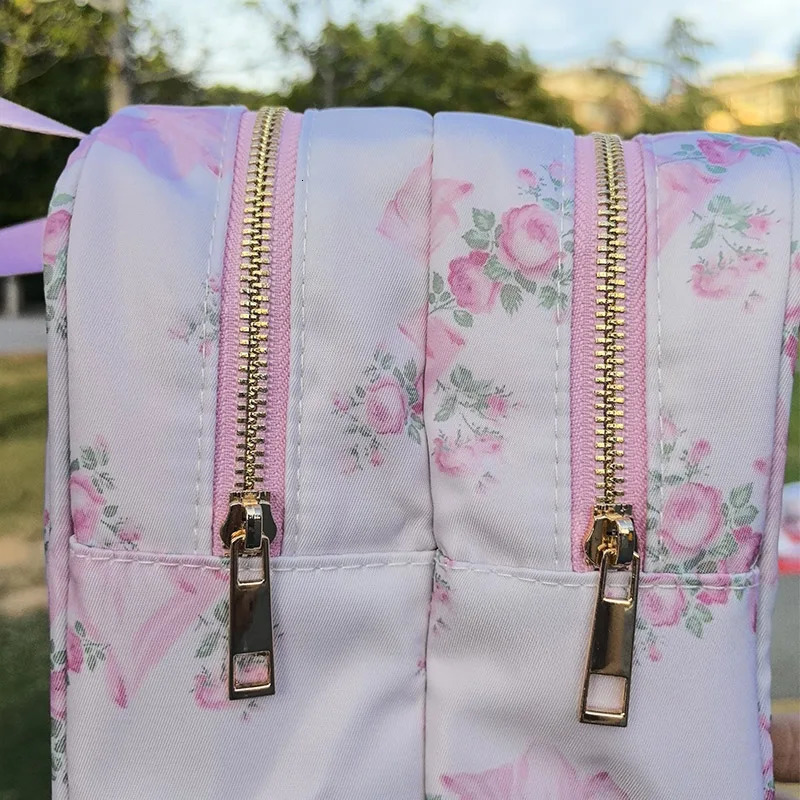 Pink Bow Makeup Bag Nylon Waterproof Large Capacity Travel Dry Wet Separation Double Zipper Storage 250326