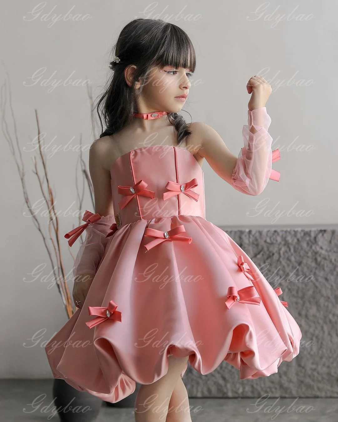 Elegant flower girl wedding dress used for wedding satin bow sleeveless ball dress birthday party first girl social dress W250326