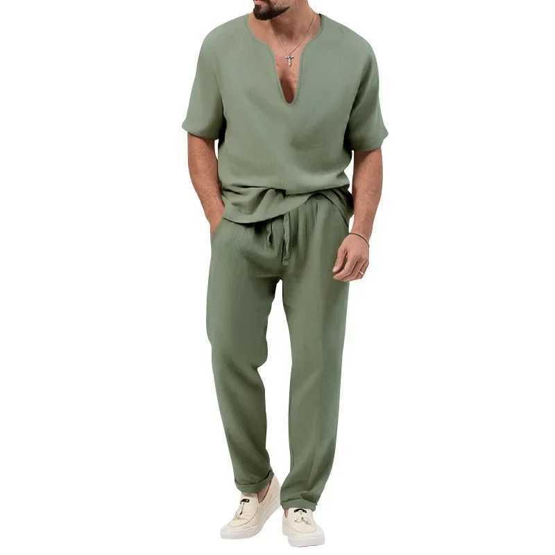 Mens summer two-piece casual sportswear European and American mens solid color cotton linen short sleeved pants setXJ250326