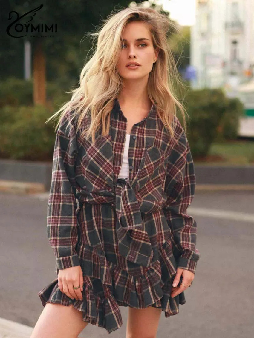 Oymimi elegant red printed womens twopiece fashionable long sleeved pocket button up shirt and mid waist pleated mini skirt set 250326