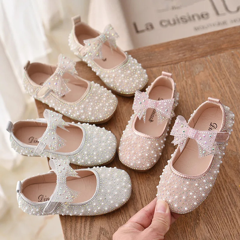 Girls Princess Shoes Childrens Fashion Bow Rhinestone Sequin Kids Shoe Baby Girls Party Student Flat Leather Shoes 250326