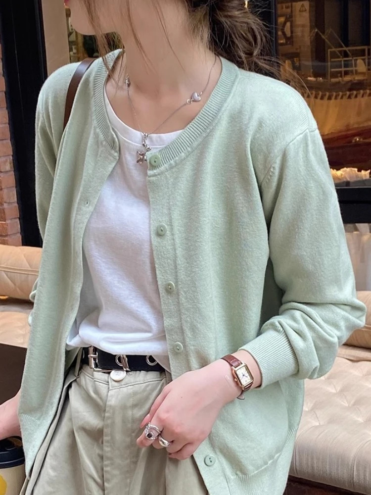 Womens cardigan wool sweater casual spring warm summer Oneck long sleeved single chest ultrathin fashion Korean knitted top 250326