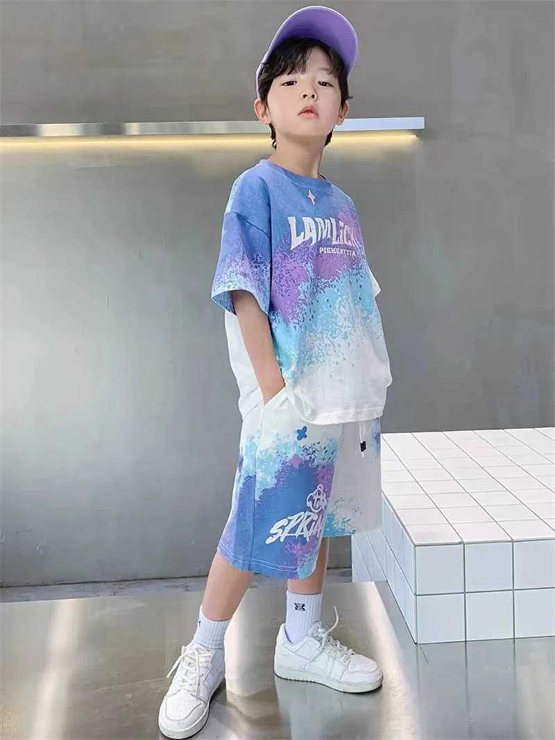 Summer Youth Clothing Set Boys Gradient T-shirt+Shorts 2-piece Large Childrens Casual Short Sleeve Set Childrens Printed SetT250327