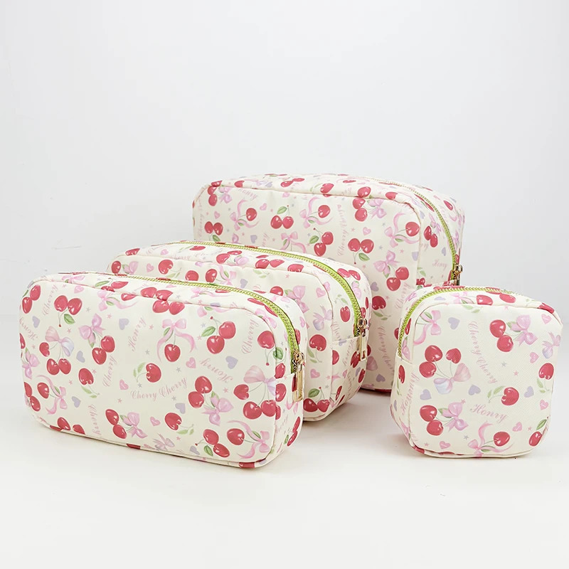 butterfly knot waterproof nylon makeup bag printed cherry womens for travel toilet storage 4size organizer 250326