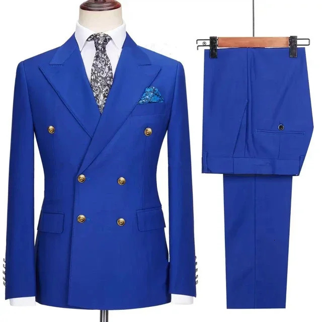 Fashionable mens casual boutique business banquet solid color wedding double chest ultrathin set jacket pants 250326