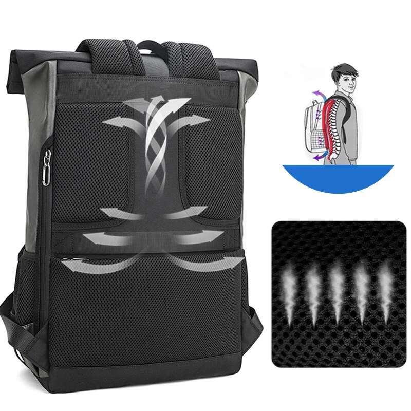 Waterproof Usb Computer Backpacks Bags Lightweight PU Leather Roll Top Rucksack For Women Men