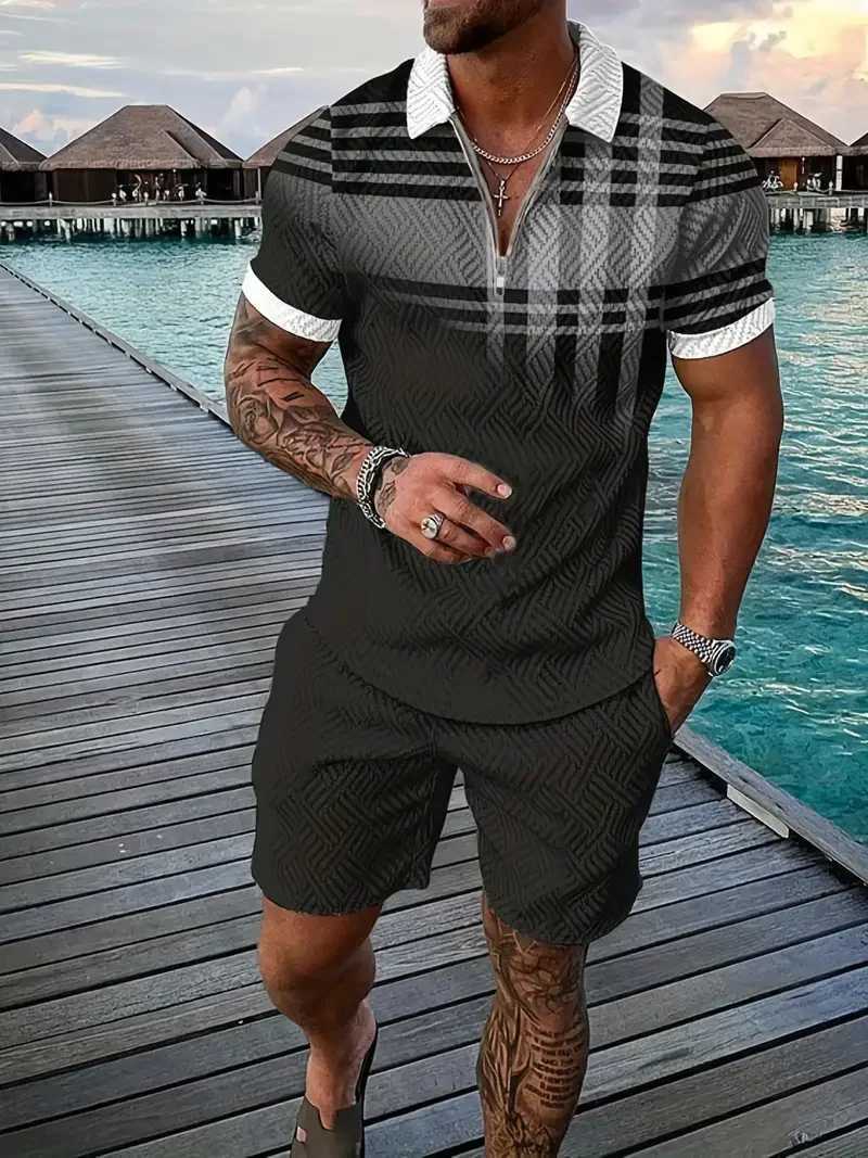 Zipper polo shirt set summer fashion casual mens sports set 3D printed simple style flip collar zipper polo shirt 2 setsXJ250326