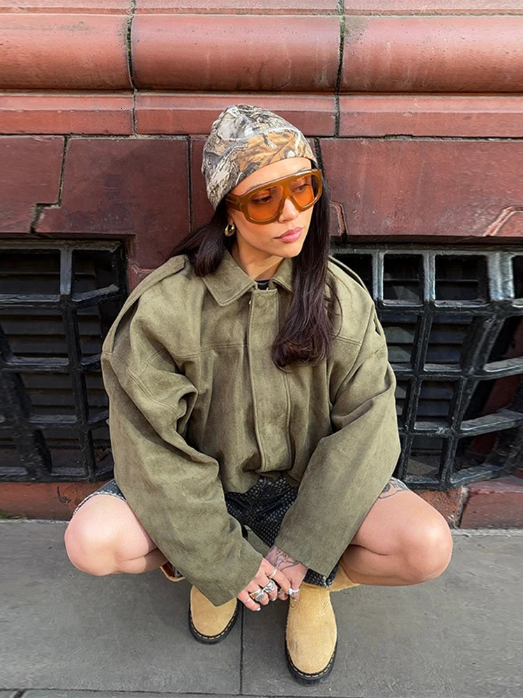 Fashion Short Suede Womens Jacket Loose Solid Collar Zipper Long Sleeve Street Spring Green 250326
