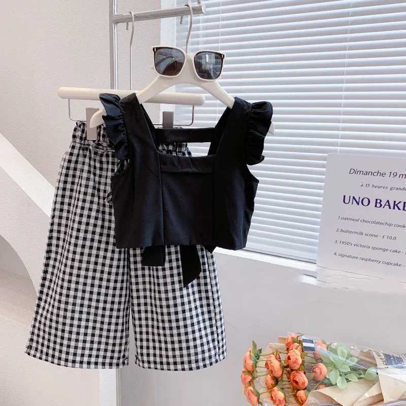 Summer Chills Girls Clothing Sets 2024 New Camisole Top Plus Plaid Wide Leg Pants 2PCS Fashion Baby Clothing SetT250327