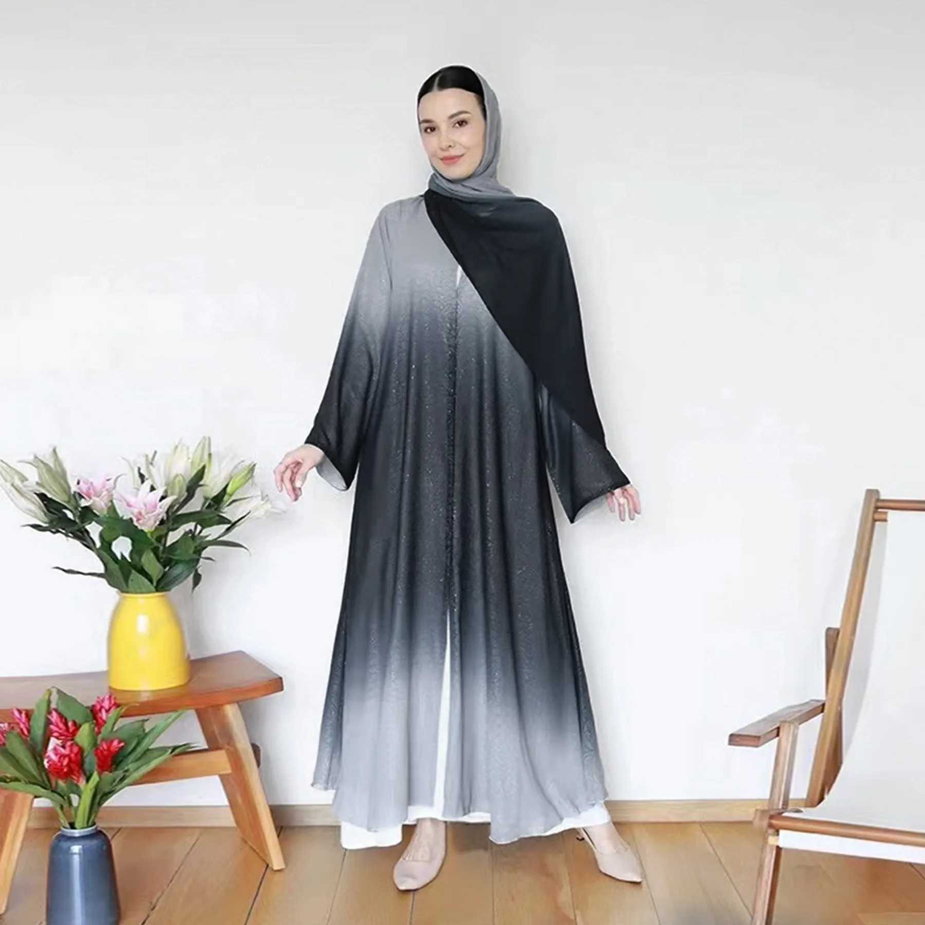 Dubai Luxury Gradient Color Abaya Open Kimono Muslim Dresses with Scarf Modest Robe Khimar Islamic Ka Caftan Jalabiya Kaftan X2505141