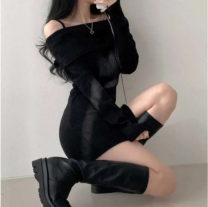 Knitted Chic Dress Sexy Korean Shoulder Bared Belted Ribbed Wrap around Mini Skirt for Small Figures Stylish Autumn Winter