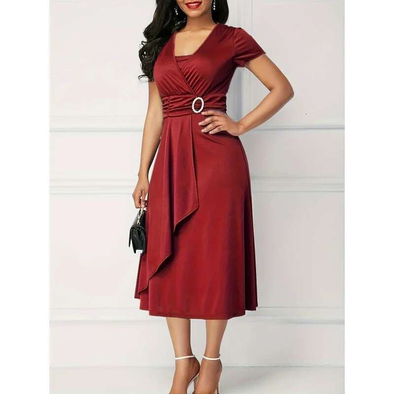 Dongdumaoyi Midi Jurk Met Gesneden Taille En V Hals Elegante Asymmetrische Korte Mouwen Ruches Voor Feest Dameskleding WD