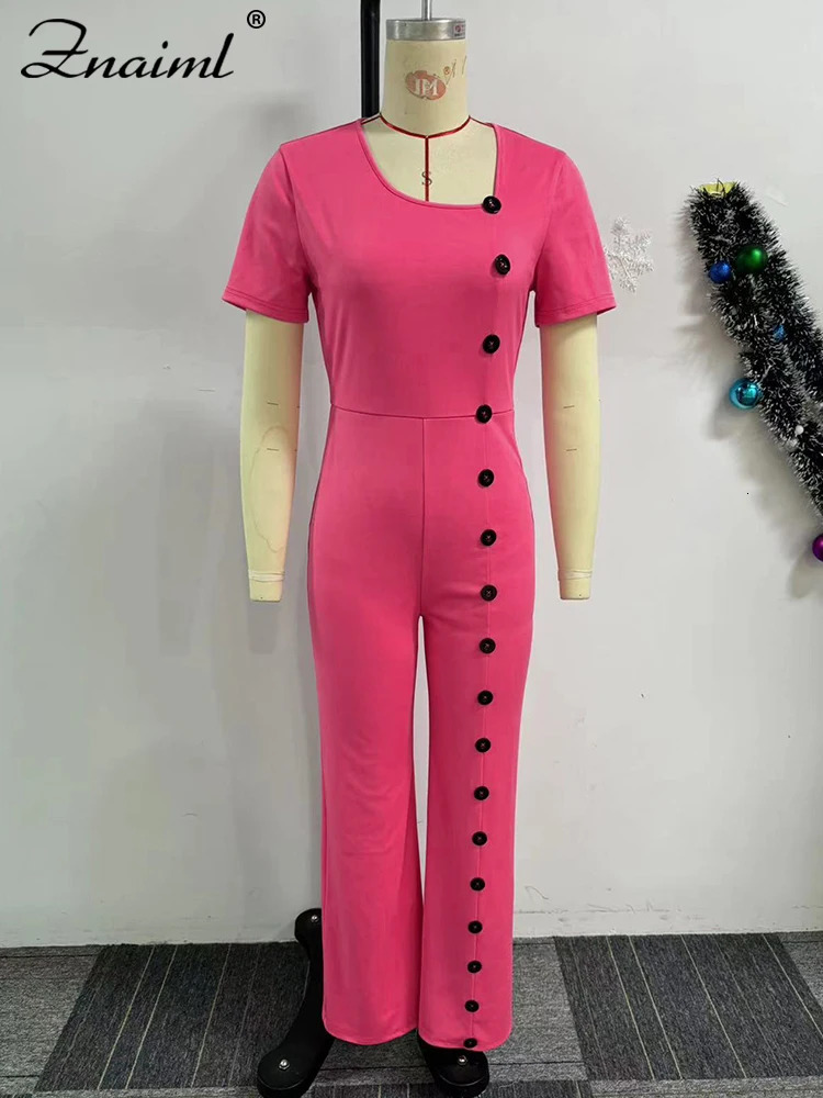 Znaiml Womens Elegant Pants Suitable for Party Summer Short Sleeve Button Solid Color Wide Leg jumpsuit One Piece Set 250326