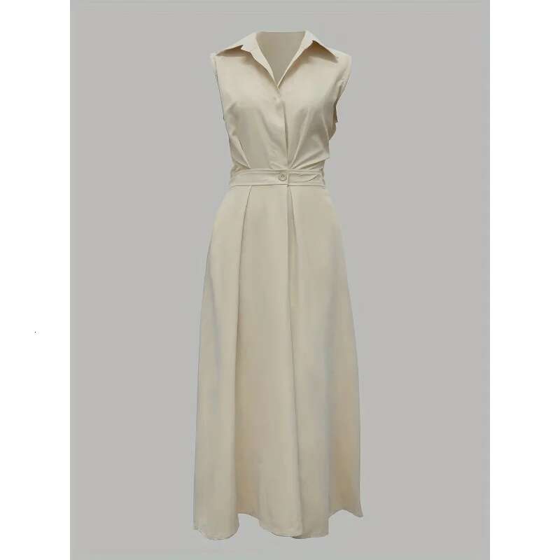 Dongdumaoyi Elegante Midi Effen Kleur Revers Lange En Mouwloze Jurk Voor Alle Seizoenen WD