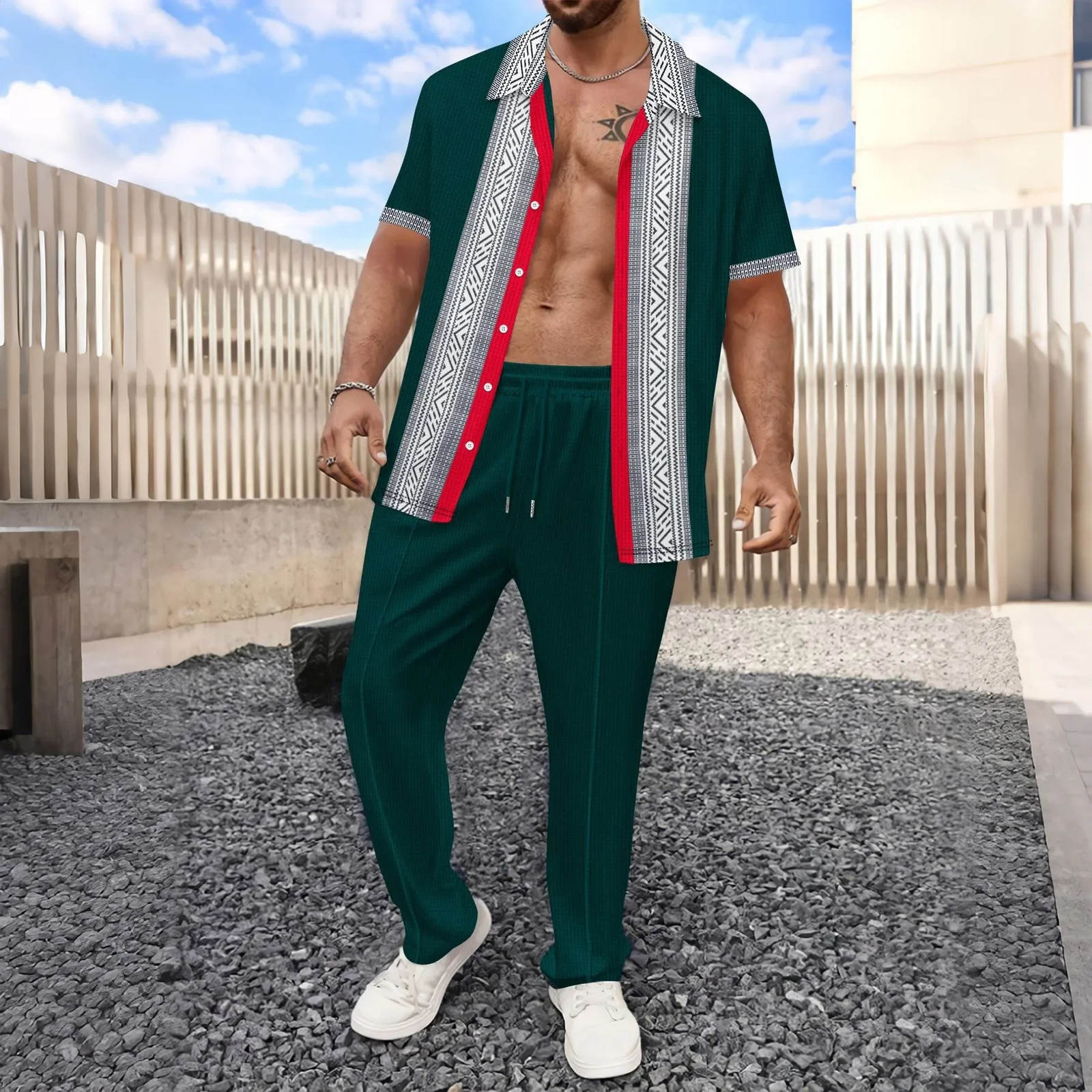 crossborder mens casual European and American waffle shirt short sleeved twopiece Trouser set sportswear for summer 250327
