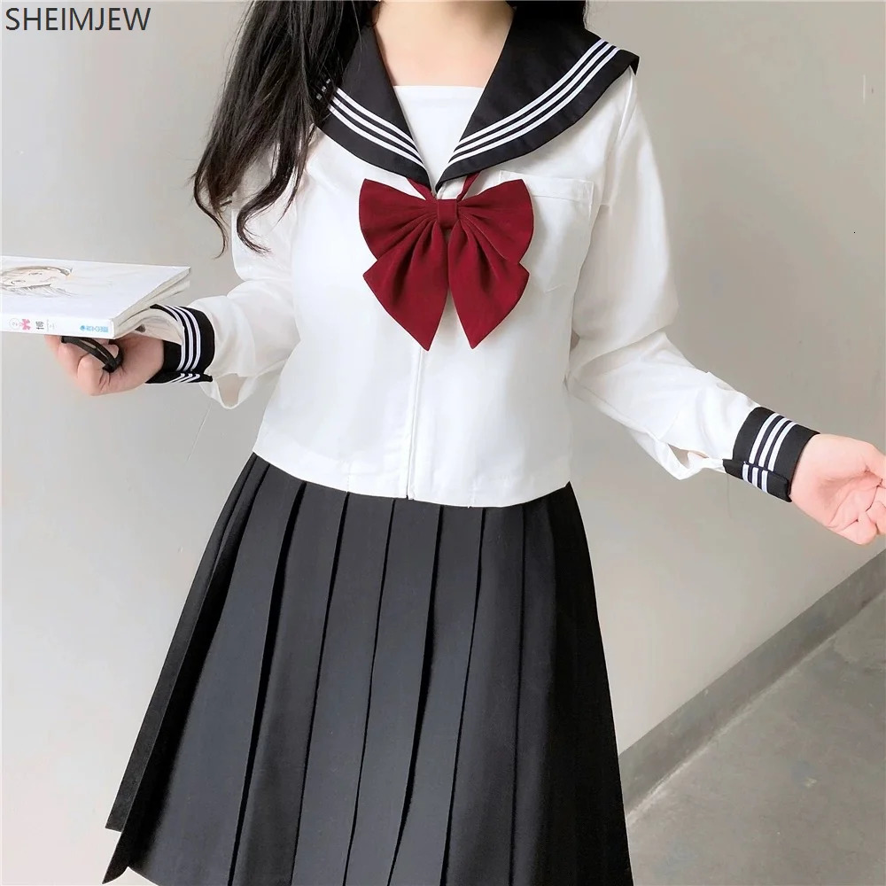 Japanese school uniform cute girl Jk suit black collar white three piece set campus sailor bow long sleeved 250326