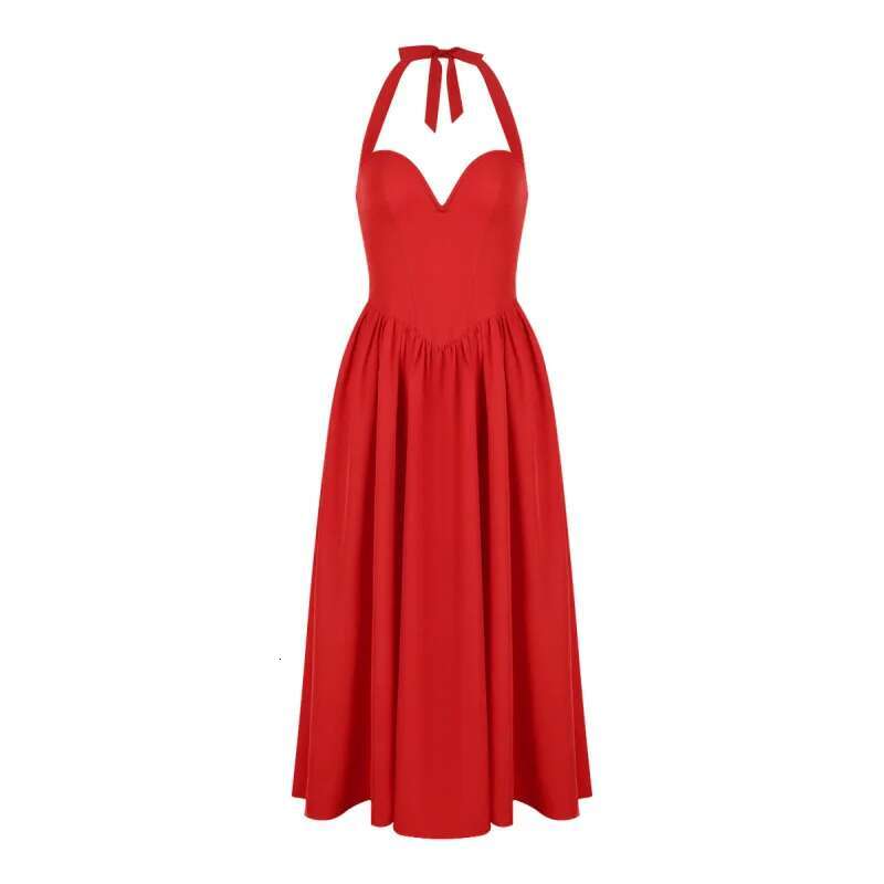 Dongdumaoyi Vrouwen Lente Hoogwaardige Sexy Deepvhalter Backless Rode Mid Lange Rok Vrouwen Jurk C
