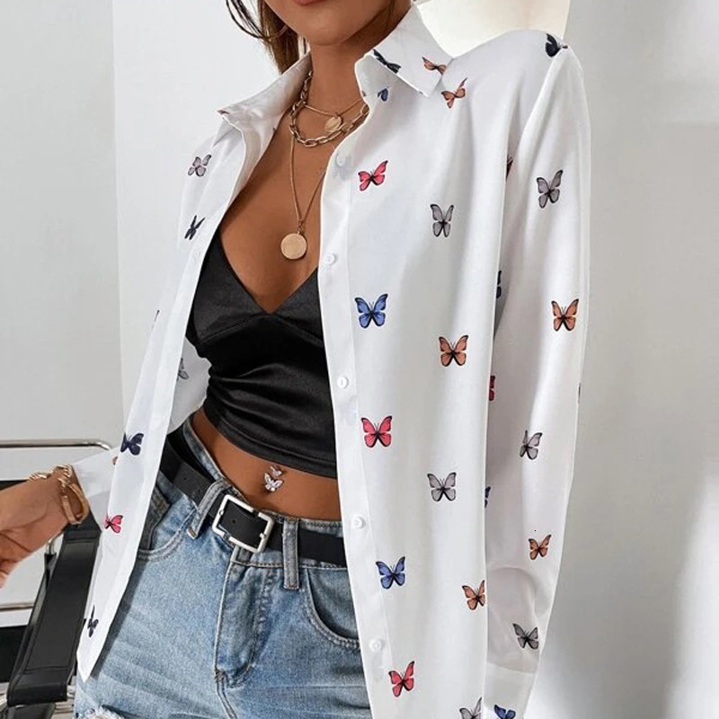 Women's fashionable printed long sleeved with butterfly print collar shirt for women