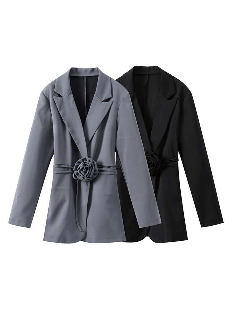 hoodie Casual 3D Wer Solid Long Women Blazer Elegant Full Sleeve Belt Single Button Female Coat 2025 Spring Party Lady Streetwear jacket