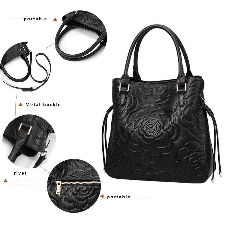 Aidrani Fashion Genuine Leather Large Capacity Women's Handbag Black Emed Cowhide Shoulder Bag