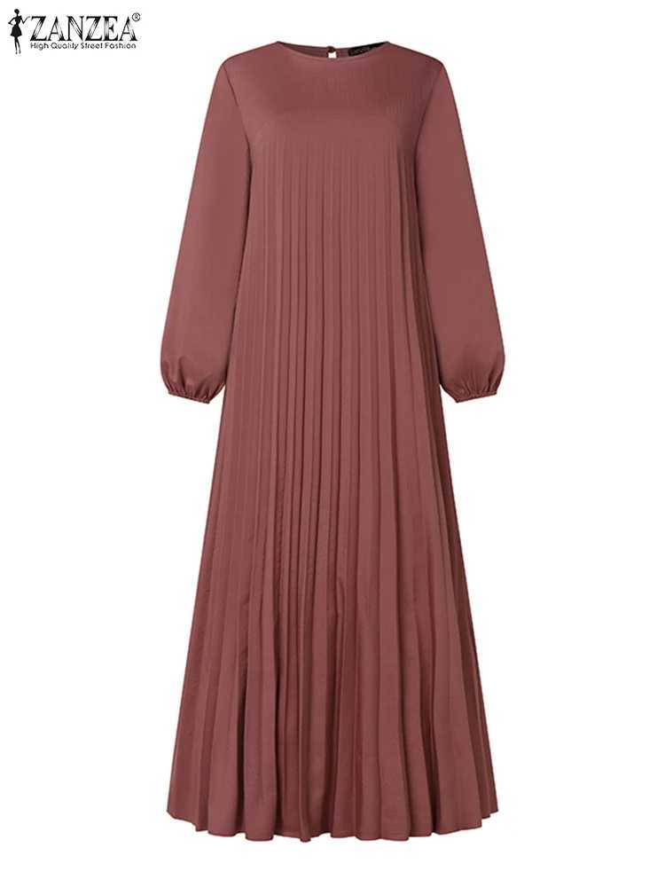 ZANZEA Islamic Hijab Women Abaya Robe Elegant Muslim Fashion O Neck Solid Pleated Dress Spring 2025 Casual Loose A-line Vestidos X2505141