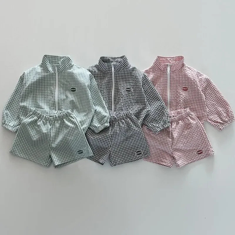 Plaid Summer breathable Jackets Girls Fashion Thin Coats Children Zipper Top Clothes Loose Shorts Outerwear for 1-7Y 250326