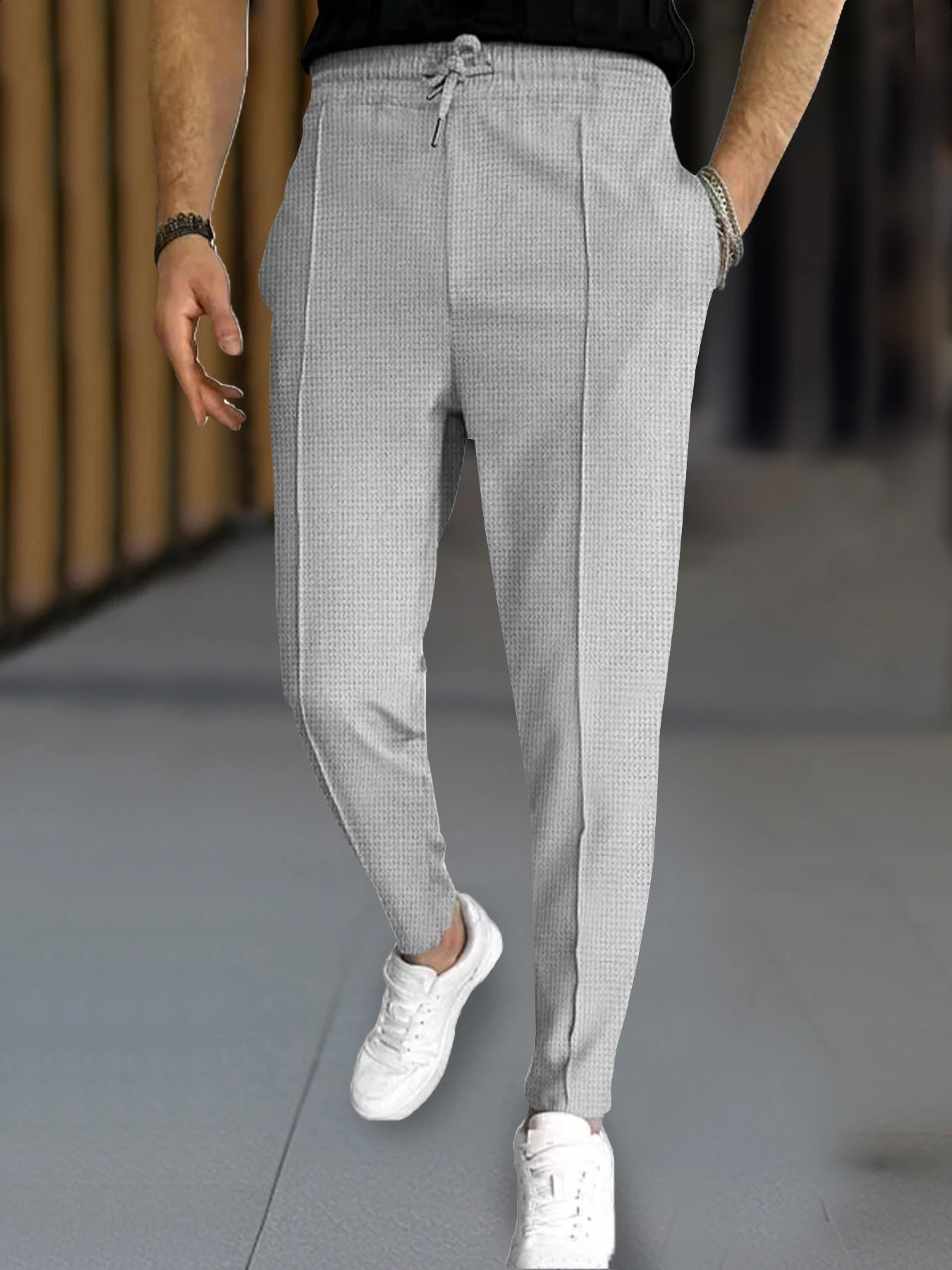 Mens Stylish Waffle Pants - Casual Sports Slim Fit with Adjustable Drawstring Secure Pockets for All Seasons - Perfect Outdoor 250317