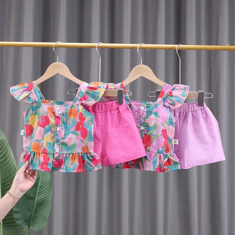 Baby girl summer pleated sleeveless top floral shorts two-piece setT250327