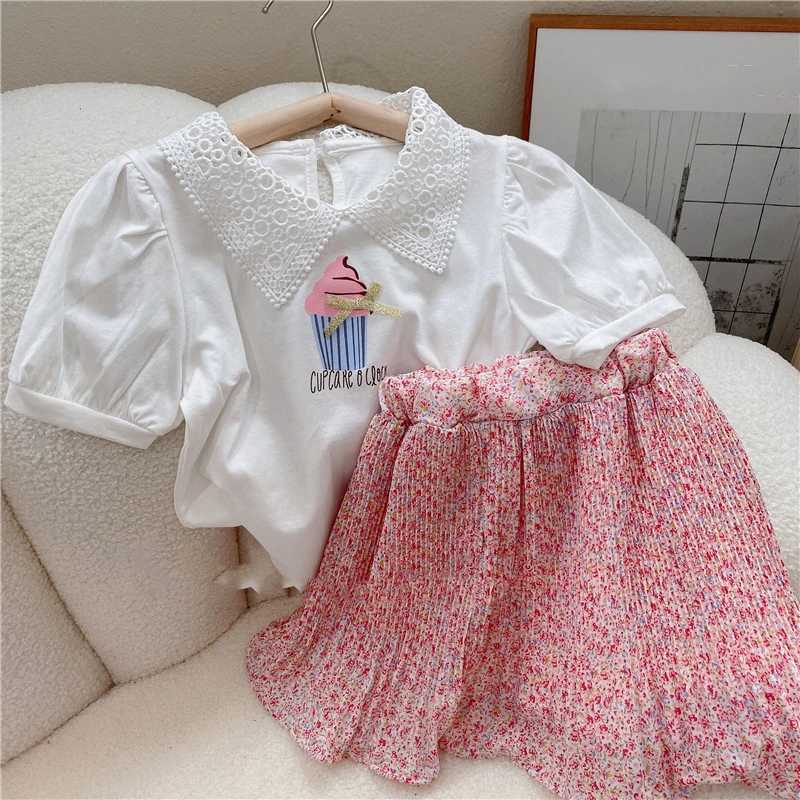 Summer girls clothing set Korean cute hollow lace lapel top+floral dress fashionable baby clothing childrens clothing setT250327