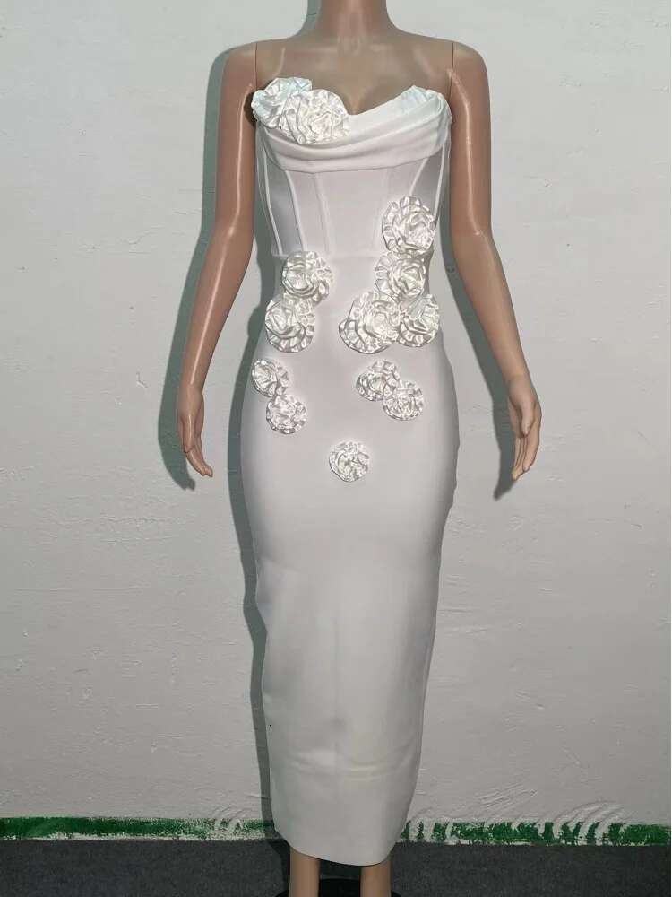 Dongdumaoyi Gebreide Strapless Bandagejurk Met Stoffen Bloemen Elegante Avondjurk Hoogwaardige Mode Damesjurk