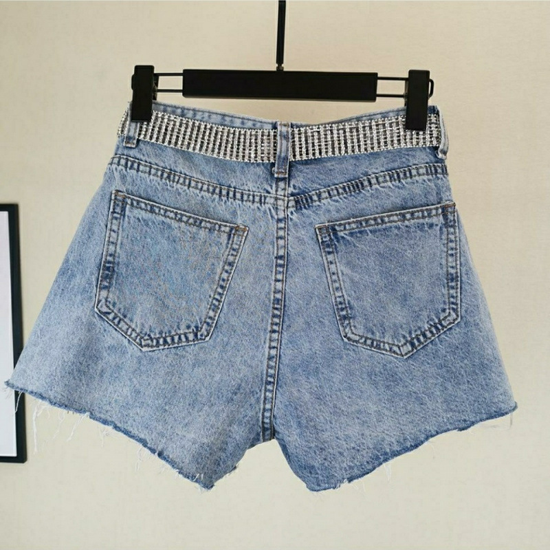 2025 new women's high waisted wide leg shorts with rhinestone tassels and ripped denim shorts