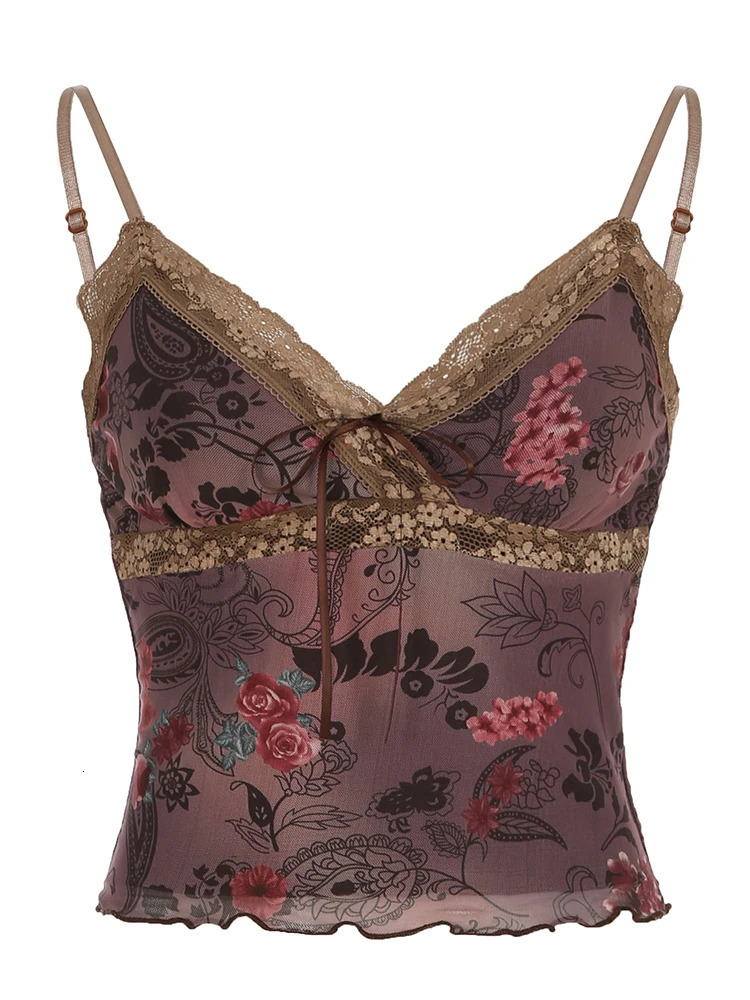 Rockmore vintage chiffon applique print Camis womens mesh lace cross Vneck crop top Y2K aesthetic backless tight corset 250326