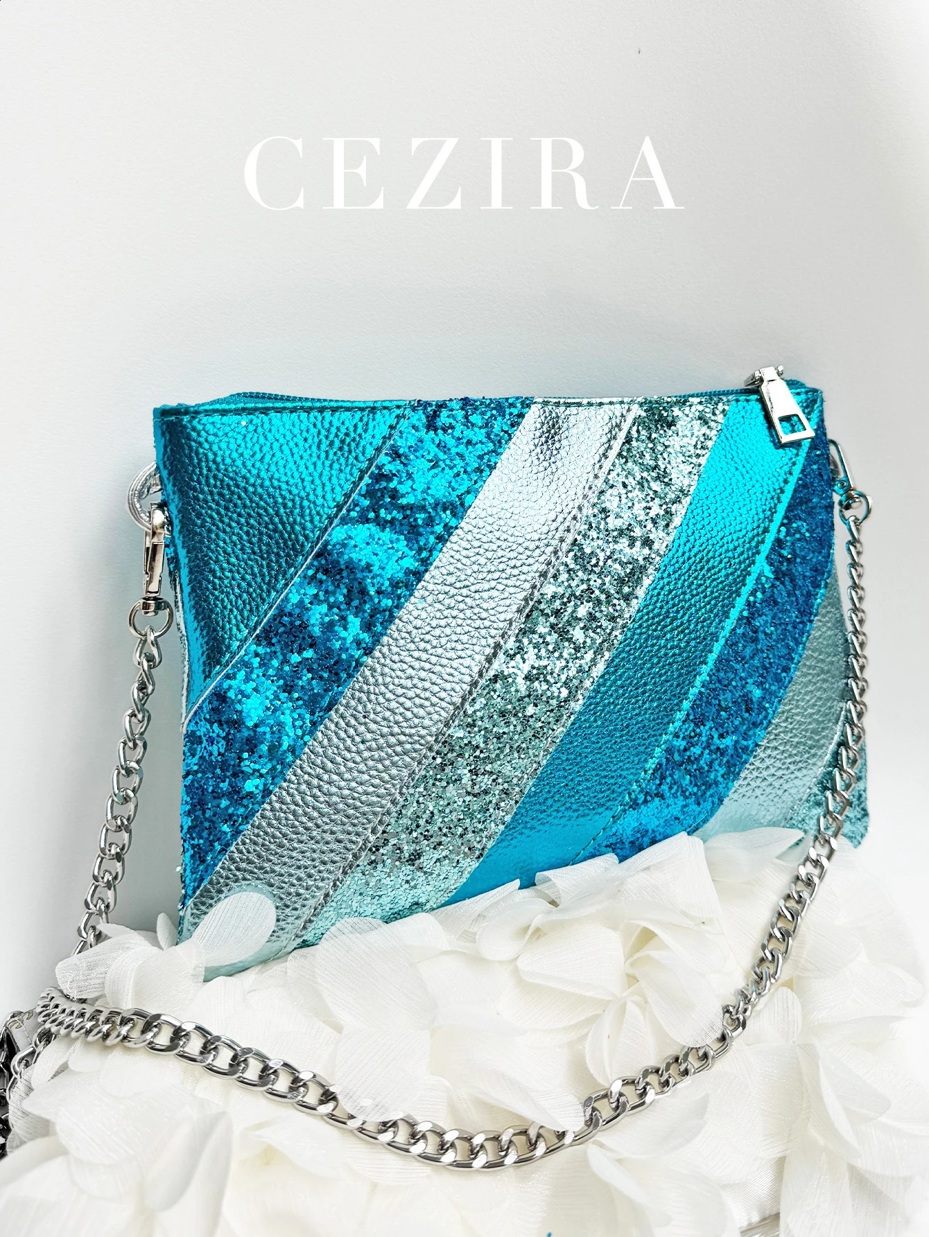 Womens metal PU leather patch work clutch bag fashionable shiny sequin chain shoulder cross body handbag party 250326