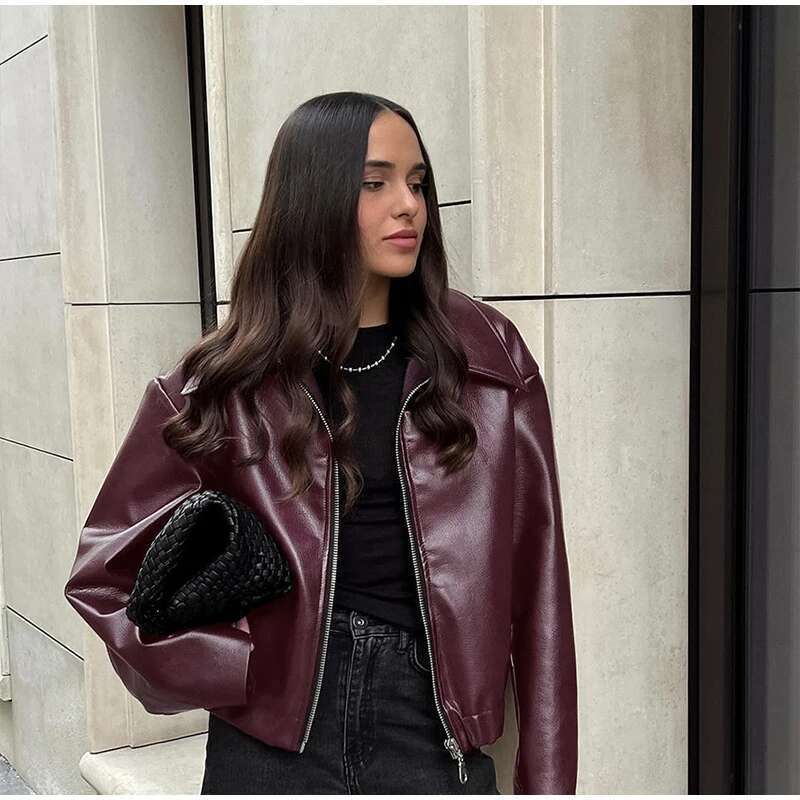 Women's Coat Street Leather Women' Jacket Wine Red Turn Down Long Sleeve Pu Female Coats Vintage Pocket Zipper Motorcycle Lady Outwears