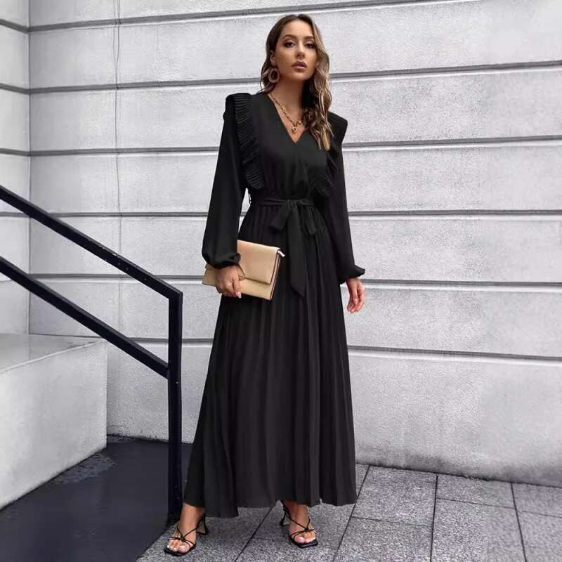 Dongdumaoyi Elegante Uitlopende Geplooide Maxi Jurk Met V Hals Sexy Verfijnd En Comfortabel Waard Om Te Hebben