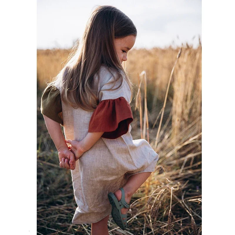 Girls Natural Linen Patchwork Dress Summer Baby Kids Flare Sleeve Casual Cotton And Linen Dresses Childrens Clothing TZ045 250326