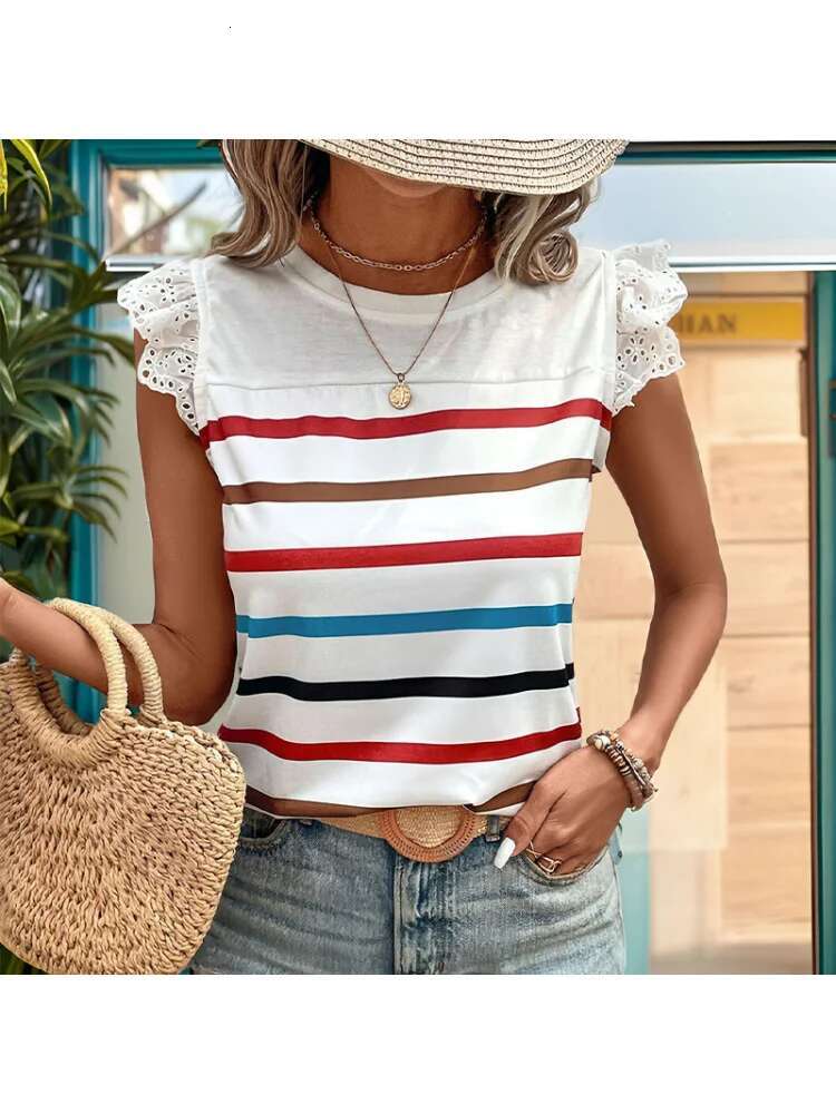 Dongdumaoyi Nieuwe Zomertop Casual Kanten Volantmouwen Gestreept Damesmode T Shirt