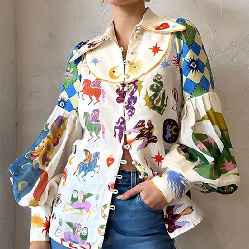2025 women's loose graffiti printed lapel lantern long sleeved spring cardigan shirt for women