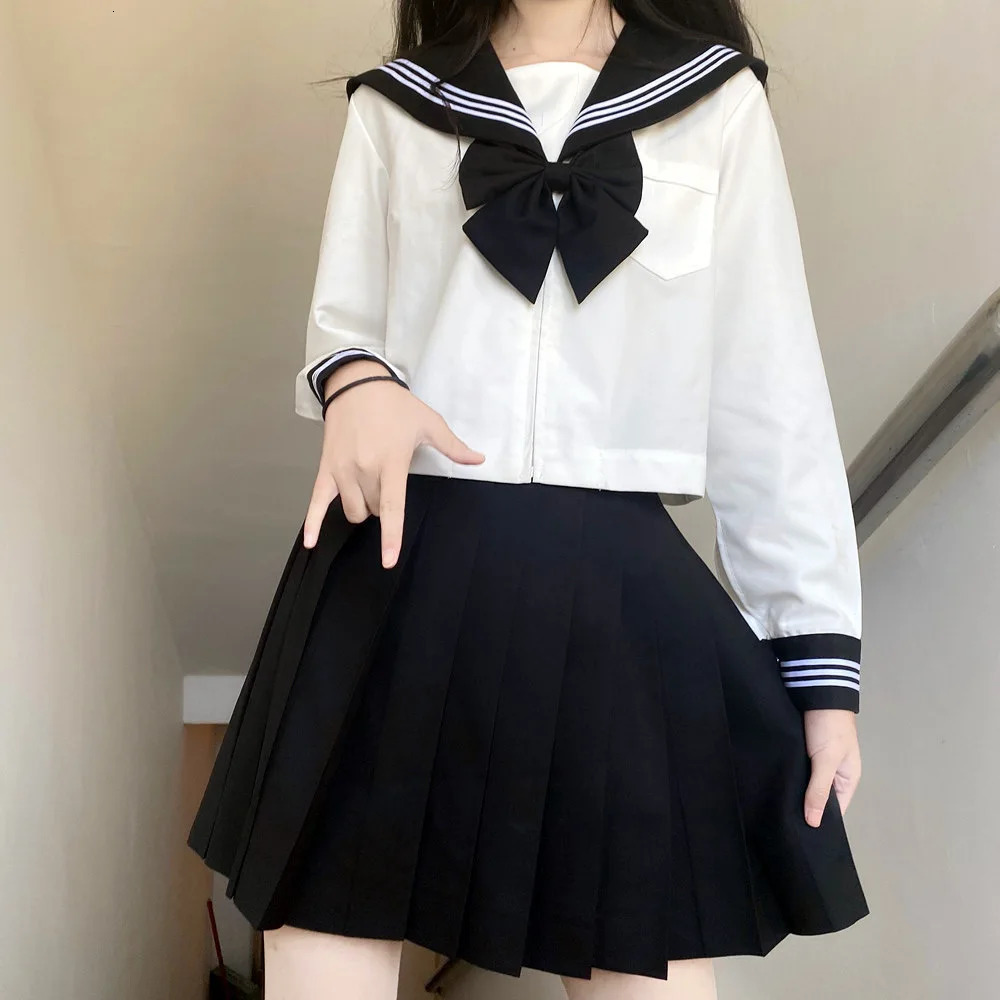 Japanese School Uniform Girls Plus Size Jk Set Black Tie White Three Piece Basic Sailor Womens Long Sleeve 250326