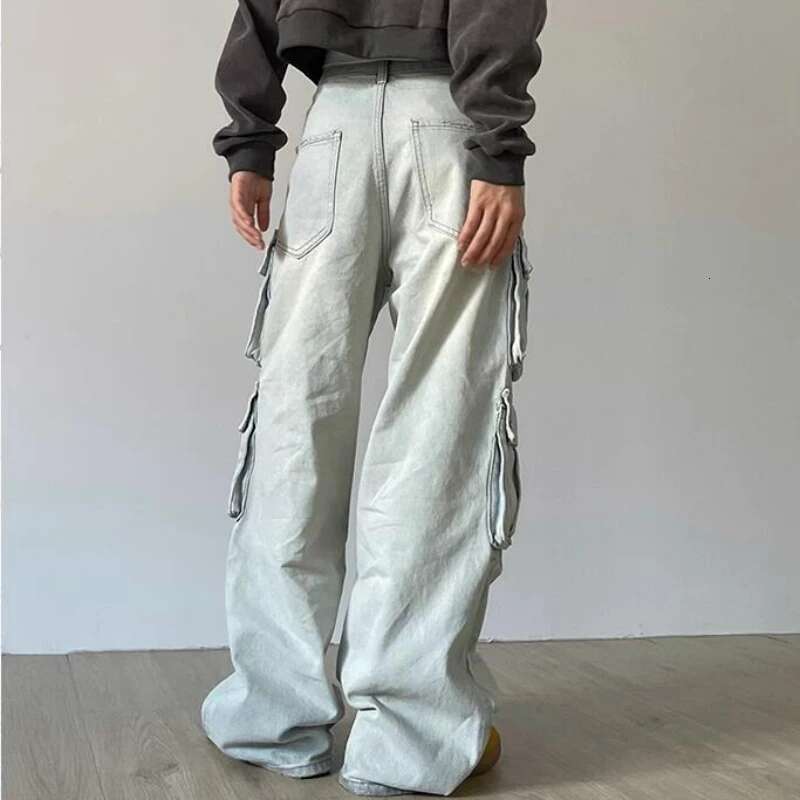 Autumn Winter New Ladies American Street Style Baggy Cargo Pants Blue Multi-Pocket Wide Leg Jeans For Women