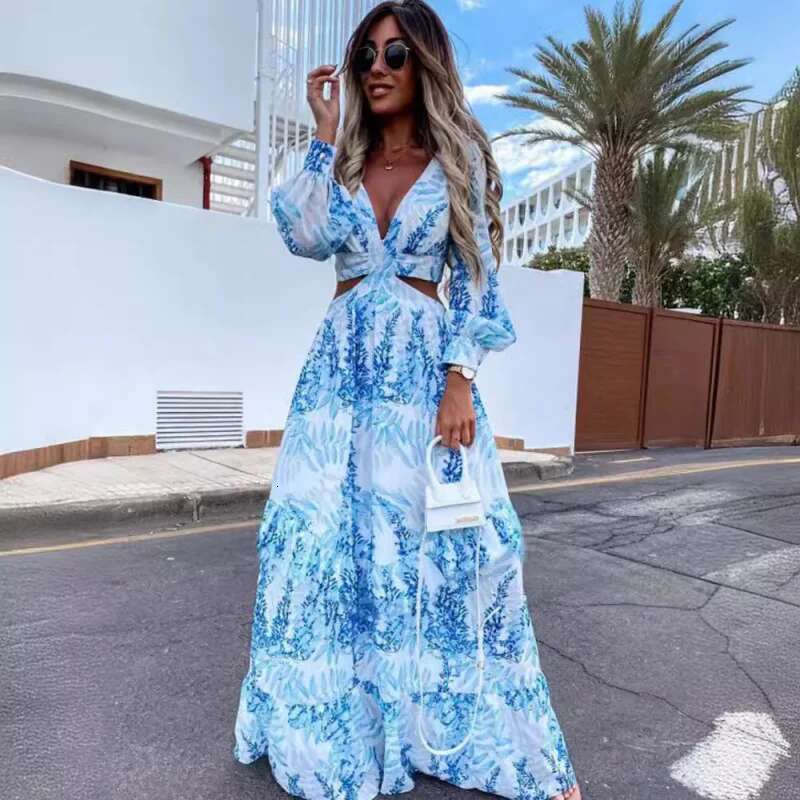 Dongdumaoyi Mode Dames Lente Nieuwe Lange Print V Hals Elegante Jurk Met Mouwen C