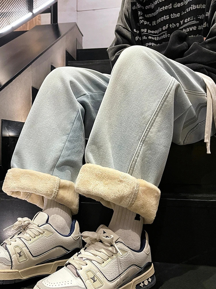 Winter Mens Jeans Korean Fashion Fleece Liner Thick Warm Straight Denim Pants Washed Cotton Retro Blue Wide Leg Jean Trousers 250317