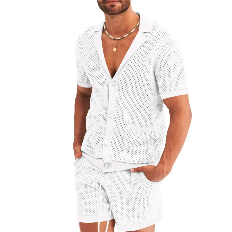2024 summer mens Vneck short sleeved cardigan and shorts fashionable hollow breathable twopiece suit 250326