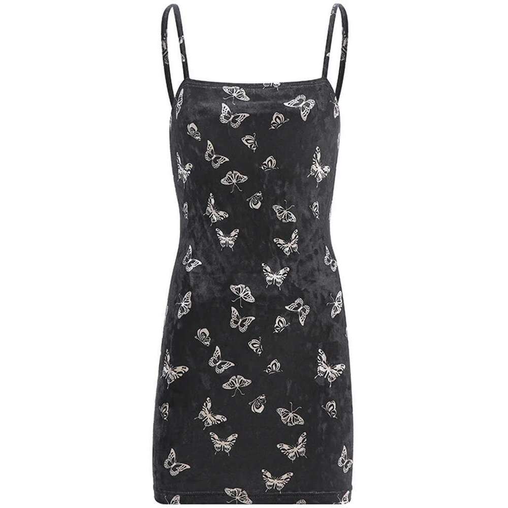 Gothic Spaghetti Haruku Black Women Strap Backless Off Shoulder Dresses Female Fashion Casual Print Sexy Dress
