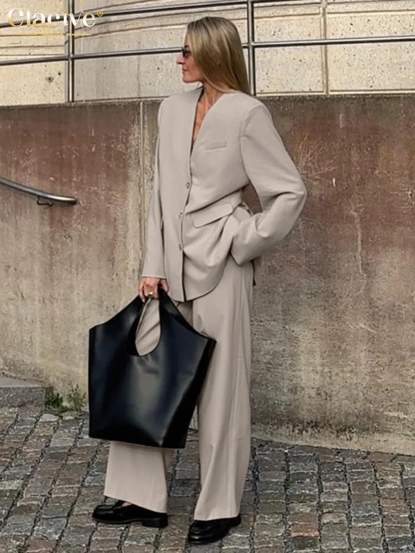Clacive Fashion loose khaki office womens twopiece set elegant long sleeved jacket high waist wide pants for women 250326