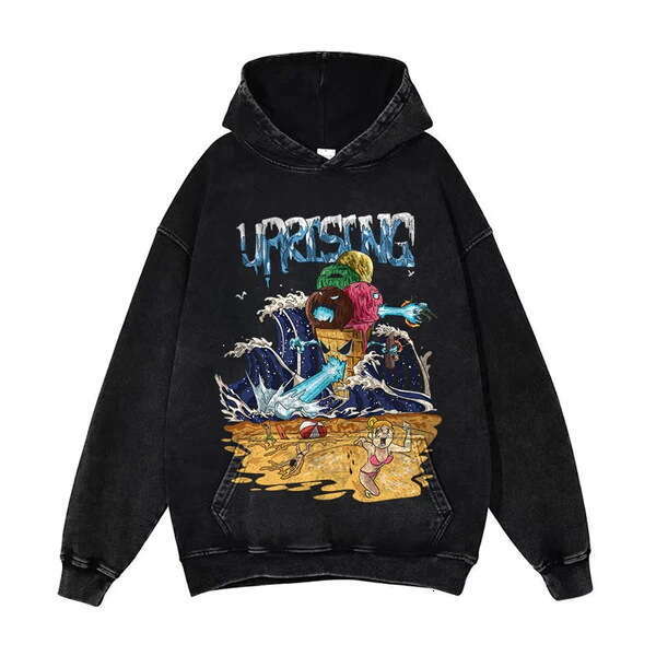 New American street style Y2K printed hip-hop washed distressed unisex loose hooded sweatshirt gift for man