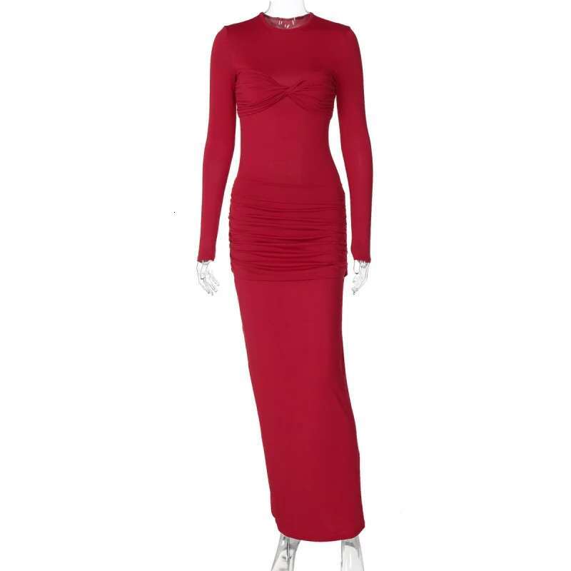 Dongdumaoyi Nieuwe Mode Sexy Slim Fit Ronde Hals Lange Mouwen Jurk Gesmokt Bodycon Effen Kleur C