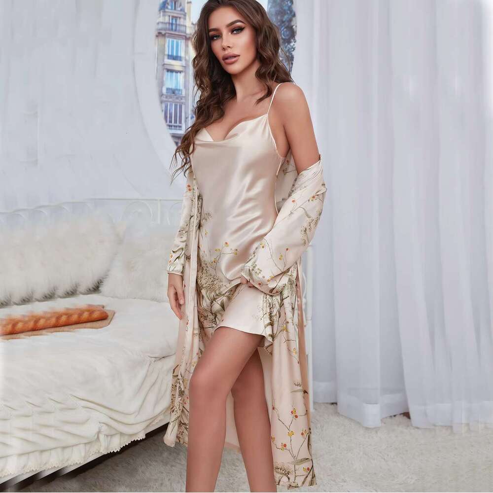 S-5Xl Cherry Printed Design Summer Satin Slip Dress Women Bodycon Dresses Sexy Elegant Silk Pama 2 Pieces Robe Set